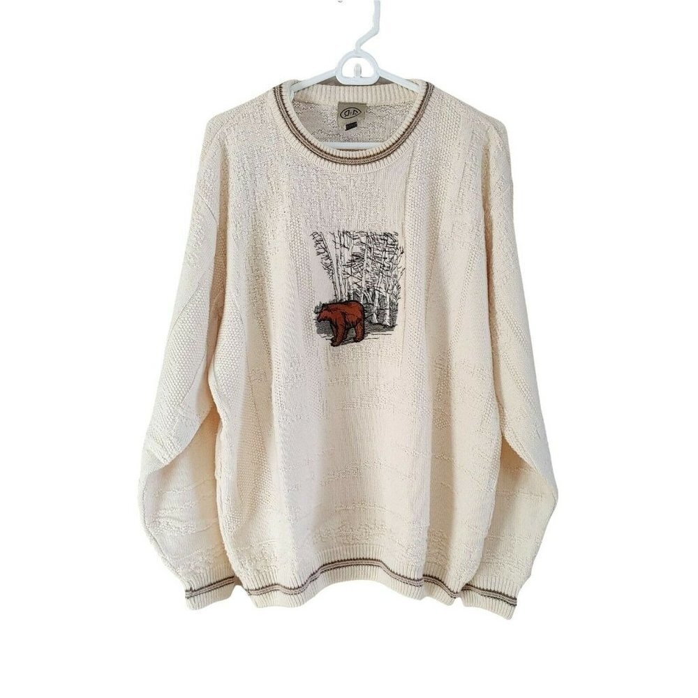 R&R Men's Embroidered Bear Scene Pullover Sweater Size Medium Cream